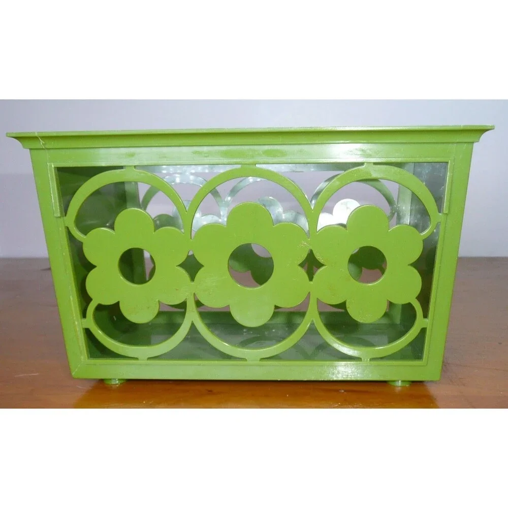Vintage Avocado Green Daisy Flower Plastic Napkin Holder Basket Boho 70s Decor